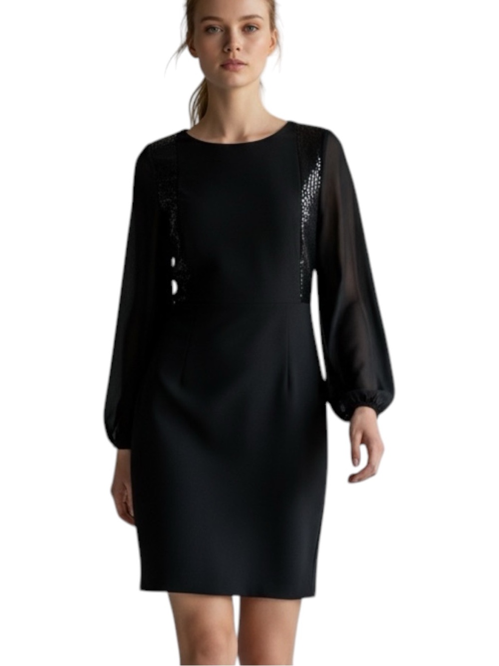 WHBM Classic Black Sheer Long-Sleeve Sequined Cocktail Party Dress NWOT Size 0